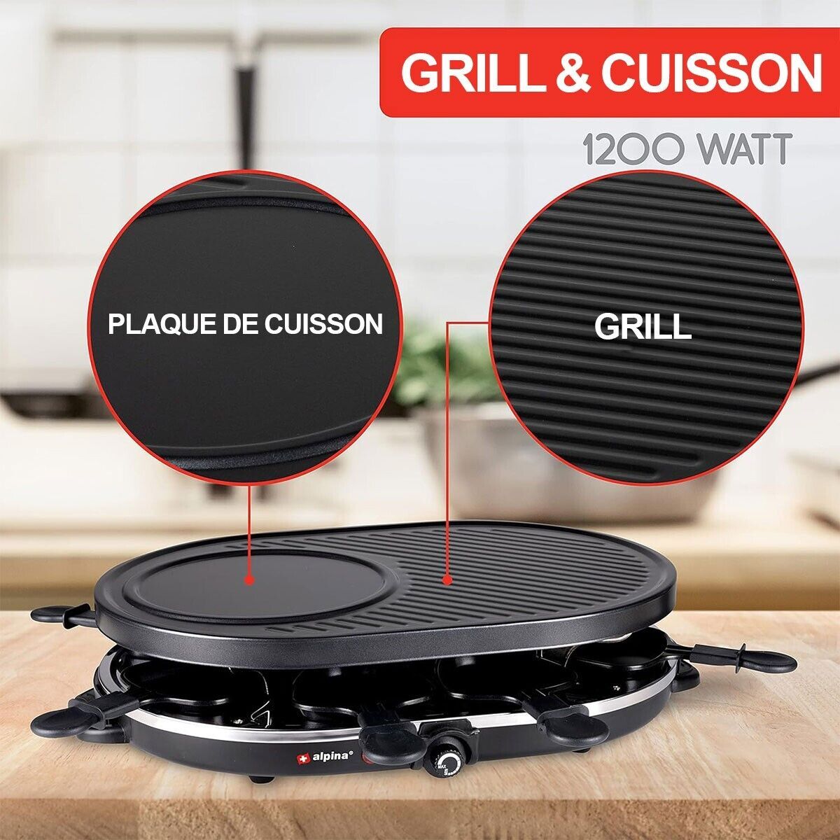 Appareil À Raclette 8 Personnes 1200w Polyvalent Grill + Raclette Revêtement Anti-adh
